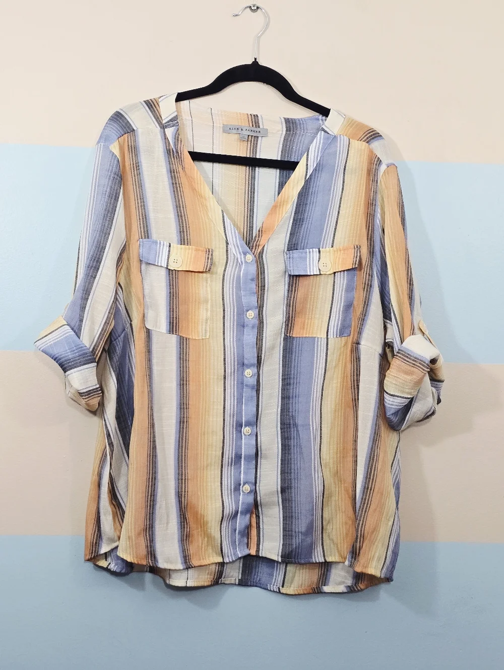 Alex & Parker Plus Sizel Stripe Button-Down Shirt in Blue and Tan - Picture 2 of 7